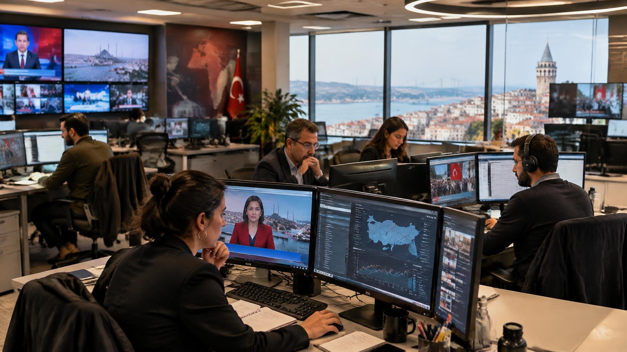 Busy newsroom with journalists working at computer screens showing breaking news
