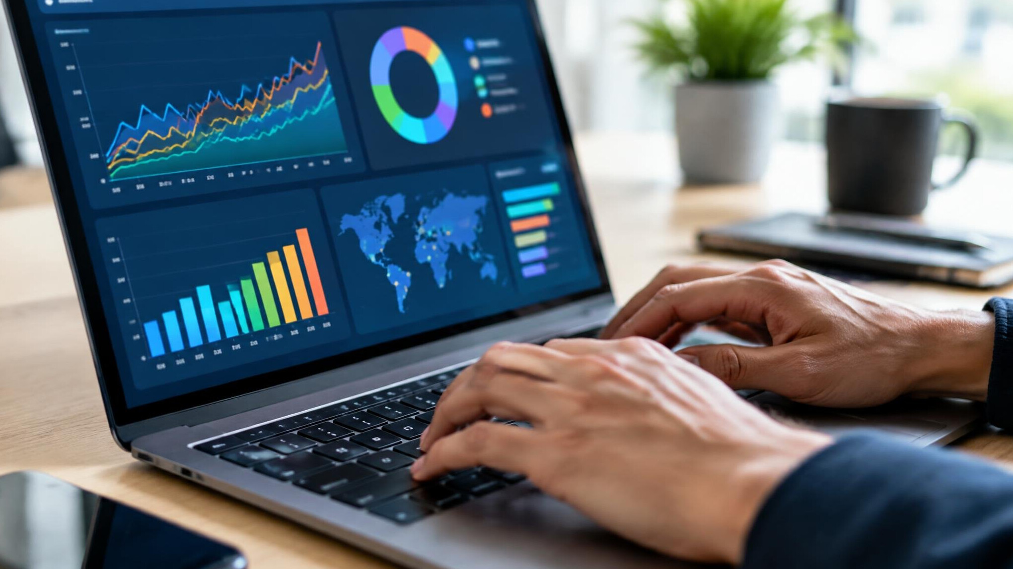 Close-up of hands typing on a laptop with data visualizations on screen