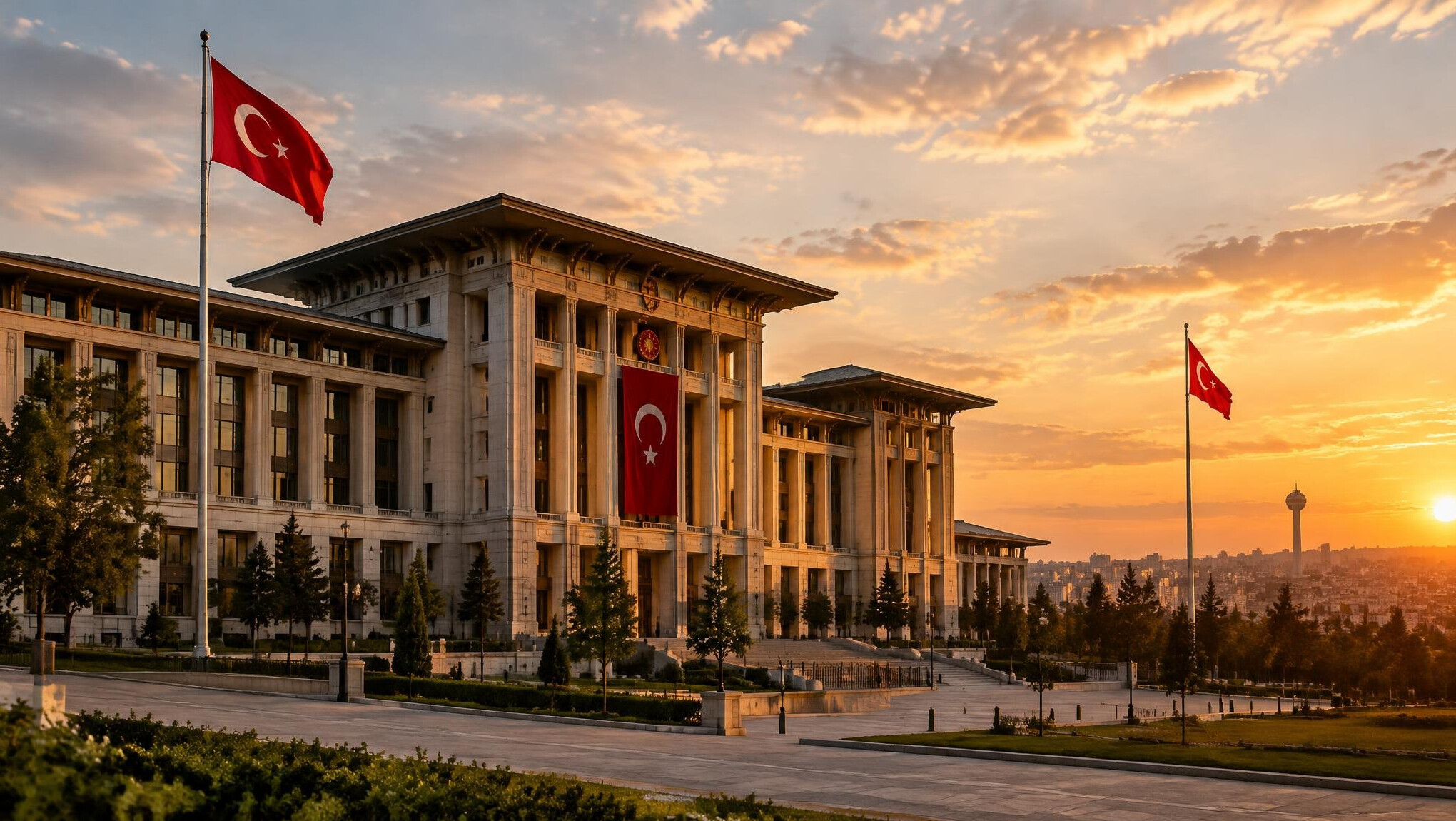 Turkish parliament building exterior with flags
